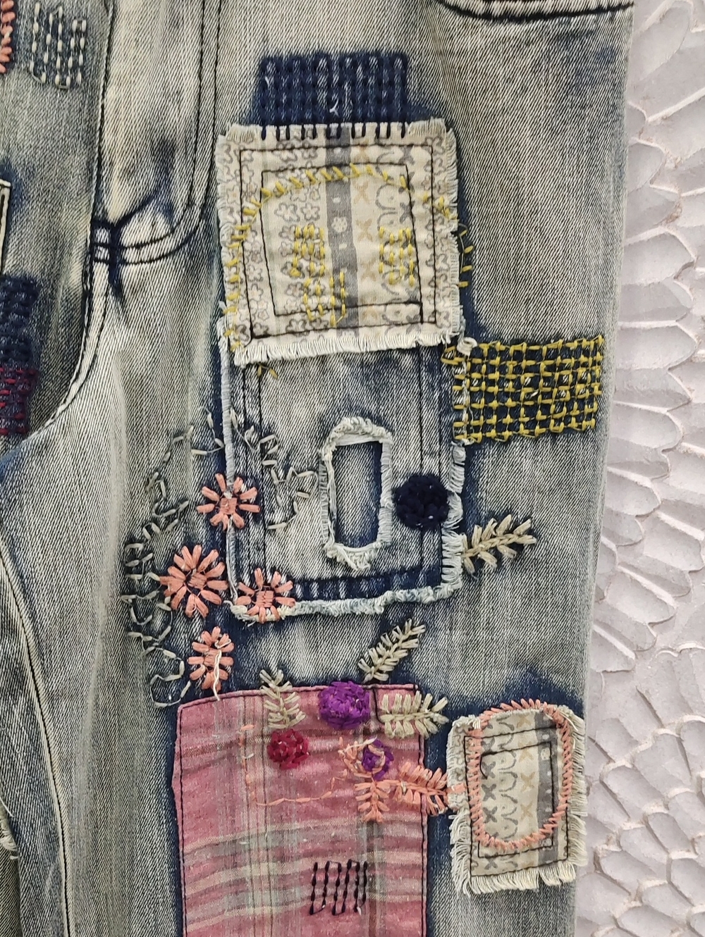 Boho Patchwork Embroidered Light Vintage Wash Jeans - Picture 6 of 9